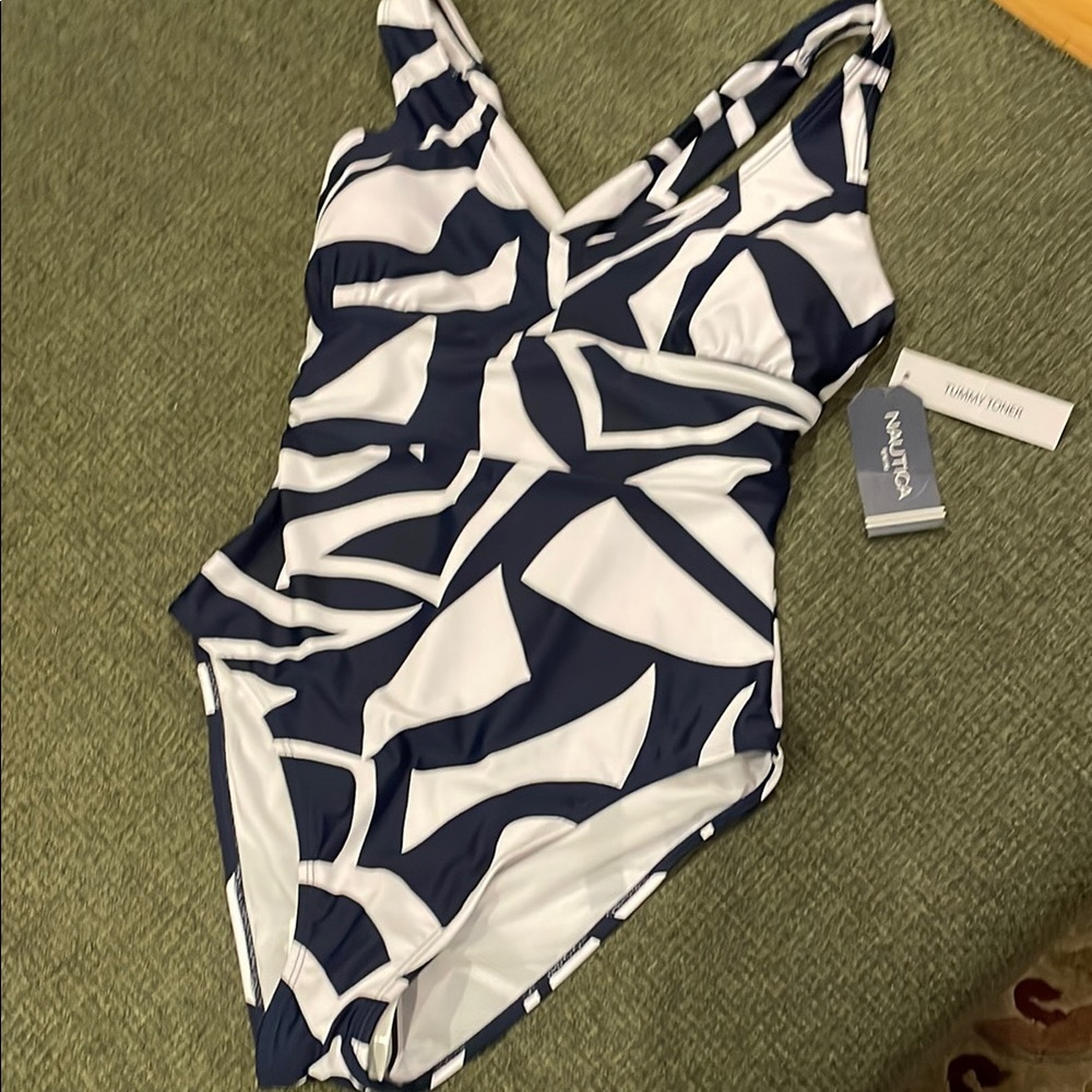 Nautica Navy and White print One Piece Swimsuit (sz l)